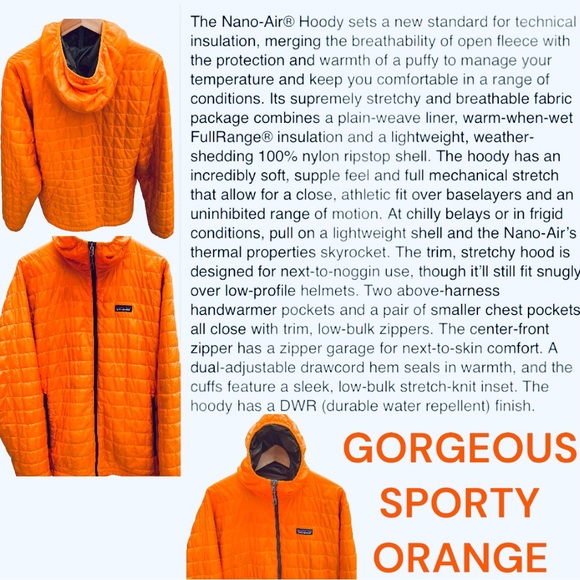 PATAGONIA MENS NANO PUFF HOODY XL SPORTY ORANGE/GREEN PRIMALOFT INSULATION NWOT - Picture 9 of 12